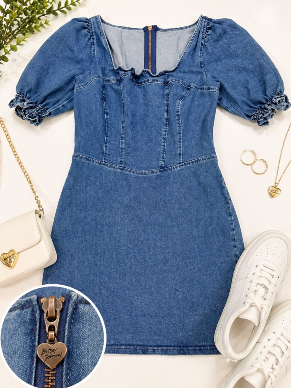 Betsey Johnson Blue Denim Puff-Sleeve Mini Dress